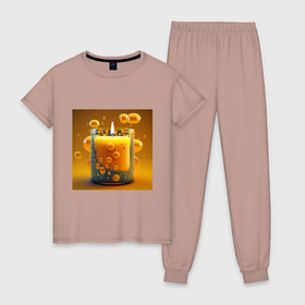 Женская пижама хлопок с принтом оранжевый свет свечи , 100% хлопок | брюки и футболка прямого кроя, без карманов, на брюках мягкая резинка на поясе и по низу штанин | 