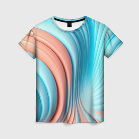 Женская футболка 3D с принтом Кораллово голубая абстрактная волна в Екатеринбурге, 100% полиэфир ( синтетическое хлопкоподобное полотно) | прямой крой, круглый вырез горловины, длина до линии бедер | 