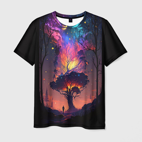 Мужская футболка 3D с принтом Огненное дерево в звездном лесу в Белгороде, 100% полиэфир | прямой крой, круглый вырез горловины, длина до линии бедер | 