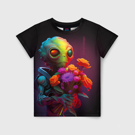 Детская футболка 3D с принтом Инопланетянин с цветами , 100% гипоаллергенный полиэфир | прямой крой, круглый вырез горловины, длина до линии бедер, чуть спущенное плечо, ткань немного тянется | Тематика изображения на принте: 