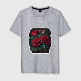 Мужская футболка хлопок с принтом Букет и красные розы в Курске, 100% хлопок | прямой крой, круглый вырез горловины, длина до линии бедер, слегка спущенное плечо. | 
