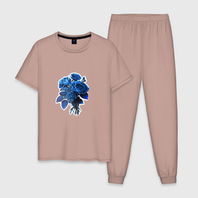 Мужская пижама хлопок с принтом Букет и синие розы в Петрозаводске, 100% хлопок | брюки и футболка прямого кроя, без карманов, на брюках мягкая резинка на поясе и по низу штанин
 | Тематика изображения на принте: 