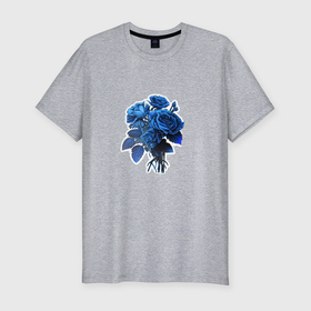 Мужская футболка хлопок Slim с принтом Букет и синие розы в Петрозаводске, 92% хлопок, 8% лайкра | приталенный силуэт, круглый вырез ворота, длина до линии бедра, короткий рукав | Тематика изображения на принте: 