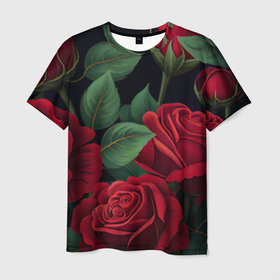 Мужская футболка 3D с принтом Много красных роз в Курске, 100% полиэфир | прямой крой, круглый вырез горловины, длина до линии бедер | Тематика изображения на принте: 
