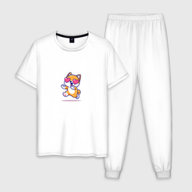 Мужская пижама хлопок с принтом Влюбленный котяра , 100% хлопок | брюки и футболка прямого кроя, без карманов, на брюках мягкая резинка на поясе и по низу штанин
 | Тематика изображения на принте: 