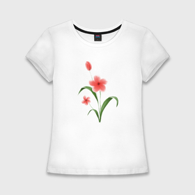 Женская футболка хлопок Slim с принтом Нежные акварельные цветы в японском стиле в Курске,  |  | Тематика изображения на принте: 
