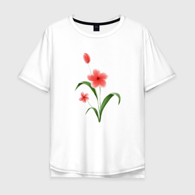 Мужская футболка хлопок Oversize с принтом Нежные акварельные цветы в японском стиле в Новосибирске, 100% хлопок | свободный крой, круглый ворот, “спинка” длиннее передней части | 