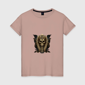 Женская футболка хлопок с принтом Золотой череп египетского фараона в Курске, 100% хлопок | прямой крой, круглый вырез горловины, длина до линии бедер, слегка спущенное плечо | 