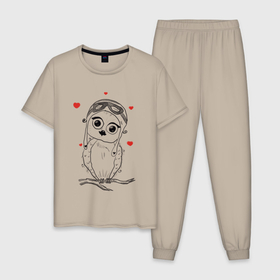 Мужская пижама хлопок с принтом Влюблённая сова в Санкт-Петербурге, 100% хлопок | брюки и футболка прямого кроя, без карманов, на брюках мягкая резинка на поясе и по низу штанин
 | 