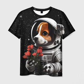 Мужская футболка 3D с принтом Щенок космонавт с тюльпанами в Санкт-Петербурге, 100% полиэфир | прямой крой, круглый вырез горловины, длина до линии бедер | 