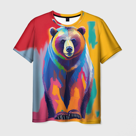 Мужская футболка 3D с принтом Медведь красочный в Петрозаводске, 100% полиэфир | прямой крой, круглый вырез горловины, длина до линии бедер | 
