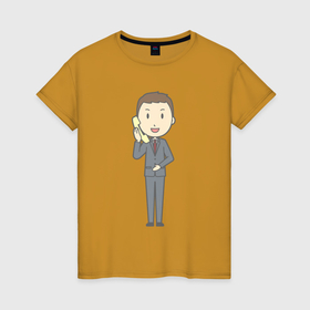 Женская футболка хлопок с принтом Офисный джентльмен на телефоне в Тюмени, 100% хлопок | прямой крой, круглый вырез горловины, длина до линии бедер, слегка спущенное плечо | 