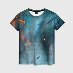 Женская футболка 3D с принтом Абстрактный синий туман, силуэты и краски в Петрозаводске, 100% полиэфир ( синтетическое хлопкоподобное полотно) | прямой крой, круглый вырез горловины, длина до линии бедер | 