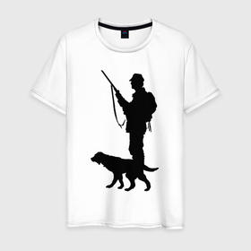 Мужская футболка хлопок с принтом Охотник с собакой в Белгороде, 100% хлопок | прямой крой, круглый вырез горловины, длина до линии бедер, слегка спущенное плечо. | 