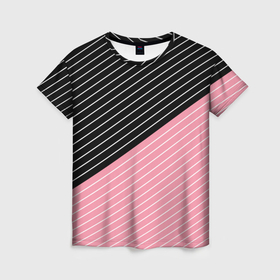 Женская футболка 3D с принтом Узор в черную и розовую полоску в Санкт-Петербурге, 100% полиэфир ( синтетическое хлопкоподобное полотно) | прямой крой, круглый вырез горловины, длина до линии бедер | 