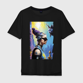 Мужская футболка хлопок Oversize с принтом Cyberpunk   neural network   fantasy with cat в Курске, 100% хлопок | свободный крой, круглый ворот, “спинка” длиннее передней части | Тематика изображения на принте: 