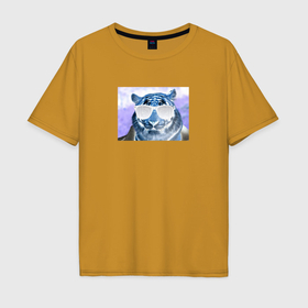 Мужская футболка хлопок Oversize с принтом Неоновый тигр в Петрозаводске, 100% хлопок | свободный крой, круглый ворот, “спинка” длиннее передней части | 