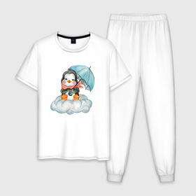Мужская пижама хлопок с принтом Пингвин на облаке с зонтом в Петрозаводске, 100% хлопок | брюки и футболка прямого кроя, без карманов, на брюках мягкая резинка на поясе и по низу штанин
 | 