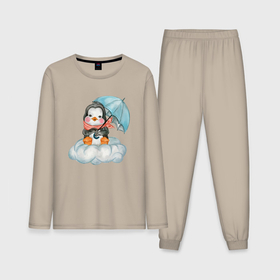 Мужская пижама с лонгсливом хлопок с принтом Пингвин на облаке с зонтом в Курске,  |  | 