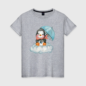Женская футболка хлопок с принтом Пингвин на облаке с зонтом в Петрозаводске, 100% хлопок | прямой крой, круглый вырез горловины, длина до линии бедер, слегка спущенное плечо | 