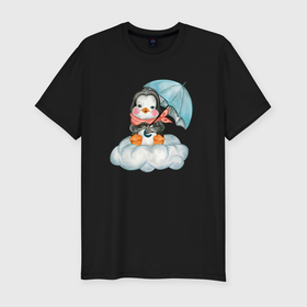 Мужская футболка хлопок Slim с принтом Пингвин на облаке с зонтом в Курске, 92% хлопок, 8% лайкра | приталенный силуэт, круглый вырез ворота, длина до линии бедра, короткий рукав | 
