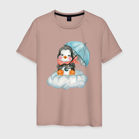 Мужская футболка хлопок с принтом Пингвин на облаке с зонтом в Курске, 100% хлопок | прямой крой, круглый вырез горловины, длина до линии бедер, слегка спущенное плечо. | 