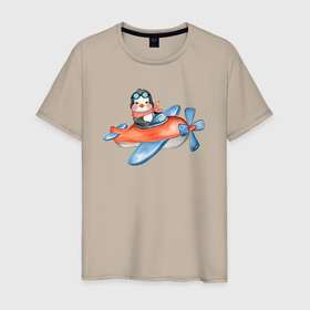 Мужская футболка хлопок с принтом Пингвин летит на вертолете в Петрозаводске, 100% хлопок | прямой крой, круглый вырез горловины, длина до линии бедер, слегка спущенное плечо. | 