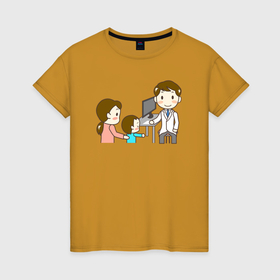 Женская футболка хлопок с принтом Врач и женщина с ребёнком в Белгороде, 100% хлопок | прямой крой, круглый вырез горловины, длина до линии бедер, слегка спущенное плечо | 