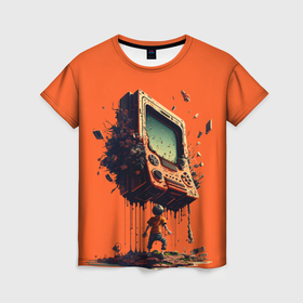 Женская футболка 3D с принтом Мальчик против игровой консоли , 100% полиэфир ( синтетическое хлопкоподобное полотно) | прямой крой, круглый вырез горловины, длина до линии бедер | 