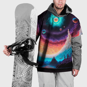 Накидка на куртку 3D с принтом Абстрактный кусок земли со снежным лесом и космосом , 100% полиэстер |  | 