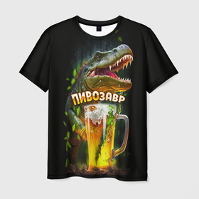 Мужская футболка 3D с принтом Пивозавр в лесу , 100% полиэфир | прямой крой, круглый вырез горловины, длина до линии бедер | 