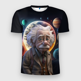 Мужская футболка 3D Slim с принтом Альберт Эйнштейн и его теория в Новосибирске, 100% полиэстер с улучшенными характеристиками | приталенный силуэт, круглая горловина, широкие плечи, сужается к линии бедра | 