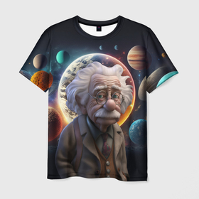 Мужская футболка 3D с принтом Альберт Эйнштейн и его теория в Екатеринбурге, 100% полиэфир | прямой крой, круглый вырез горловины, длина до линии бедер | 