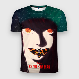 Мужская футболка 3D Slim с принтом Chainsaw Man and Makima в Кировске, 100% полиэстер с улучшенными характеристиками | приталенный силуэт, круглая горловина, широкие плечи, сужается к линии бедра | 