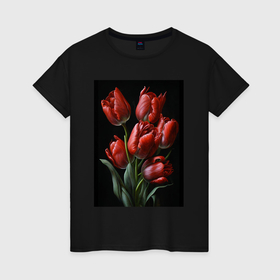 Женская футболка хлопок с принтом Букет тюльпанов в Санкт-Петербурге, 100% хлопок | прямой крой, круглый вырез горловины, длина до линии бедер, слегка спущенное плечо | 