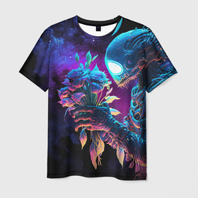 Мужская футболка 3D с принтом Инопланетянин с неоновыми цветами , 100% полиэфир | прямой крой, круглый вырез горловины, длина до линии бедер | 