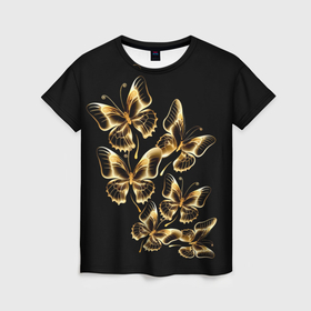 Женская футболка 3D с принтом Золотые бабочки на черном в Кировске, 100% полиэфир ( синтетическое хлопкоподобное полотно) | прямой крой, круглый вырез горловины, длина до линии бедер | 