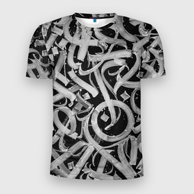 Мужская футболка 3D Slim с принтом Черно белая каллиграфия в Курске, 100% полиэстер с улучшенными характеристиками | приталенный силуэт, круглая горловина, широкие плечи, сужается к линии бедра | 