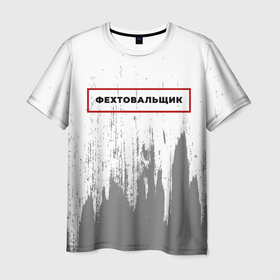 Мужская футболка 3D с принтом Фехтовальщик в рамке красного цвета в Екатеринбурге, 100% полиэфир | прямой крой, круглый вырез горловины, длина до линии бедер | 