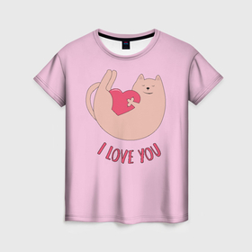 Женская футболка 3D с принтом Кот играет с сердцем , 100% полиэфир ( синтетическое хлопкоподобное полотно) | прямой крой, круглый вырез горловины, длина до линии бедер | 