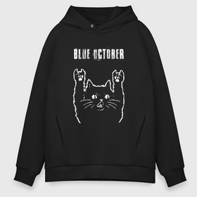 Мужское худи Oversize хлопок с принтом Blue October рок кот в Петрозаводске, френч-терри — 70% хлопок, 30% полиэстер. Мягкий теплый начес внутри —100% хлопок | боковые карманы, эластичные манжеты и нижняя кромка, капюшон на магнитной кнопке | 