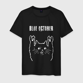 Мужская футболка хлопок с принтом Blue October рок кот в Тюмени, 100% хлопок | прямой крой, круглый вырез горловины, длина до линии бедер, слегка спущенное плечо. | 
