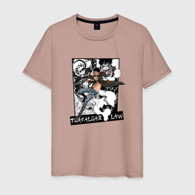 Мужская футболка хлопок с принтом Трафальгар Д. Ватер Ло на фоне манги в Тюмени, 100% хлопок | прямой крой, круглый вырез горловины, длина до линии бедер, слегка спущенное плечо. | 