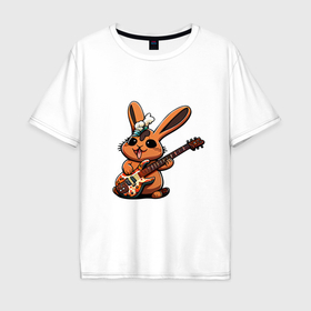 Мужская футболка хлопок Oversize с принтом Заяц музыкант  с гитарой , 100% хлопок | свободный крой, круглый ворот, “спинка” длиннее передней части | 