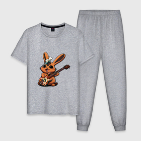 Мужская пижама хлопок с принтом Заяц музыкант  с гитарой , 100% хлопок | брюки и футболка прямого кроя, без карманов, на брюках мягкая резинка на поясе и по низу штанин
 | 