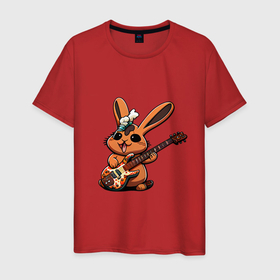Мужская футболка хлопок с принтом Заяц музыкант  с гитарой в Белгороде, 100% хлопок | прямой крой, круглый вырез горловины, длина до линии бедер, слегка спущенное плечо. | 