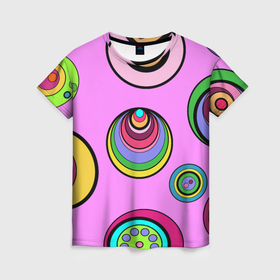 Женская футболка 3D с принтом Разноцветные круги , 100% полиэфир ( синтетическое хлопкоподобное полотно) | прямой крой, круглый вырез горловины, длина до линии бедер | 