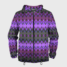 Мужская ветровка 3D с принтом Серо фиолетовый этнический геометрический узор в Новосибирске, 100% полиэстер | подол и капюшон оформлены резинкой с фиксаторами, два кармана без застежек по бокам, один потайной карман на груди | 