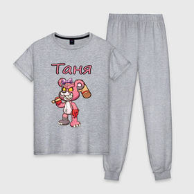 Женская пижама хлопок с принтом Таня и медведь в Новосибирске, 100% хлопок | брюки и футболка прямого кроя, без карманов, на брюках мягкая резинка на поясе и по низу штанин | 