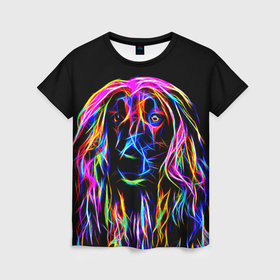 Женская футболка 3D с принтом Dog   neon lines в Кировске, 100% полиэфир ( синтетическое хлопкоподобное полотно) | прямой крой, круглый вырез горловины, длина до линии бедер | 